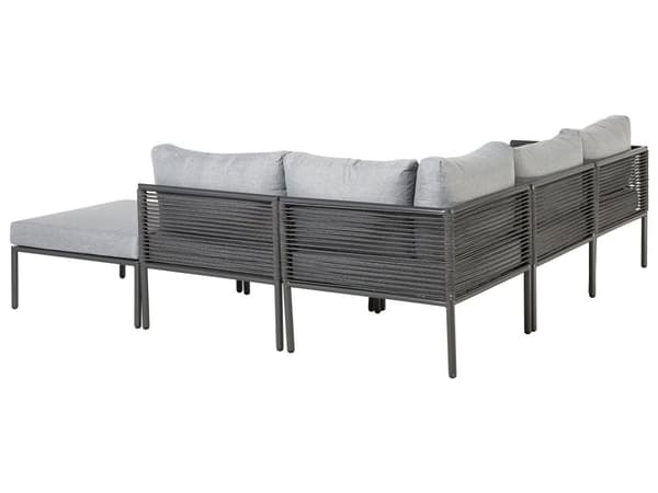 Trädgård 6-sits Hörnsoffa Set Svart Aluminiumram med Grå Kuddar och Soffbord Glansig Yta Utomhus