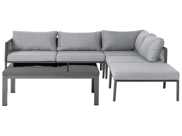 Trädgård 6-sits Hörnsoffa Set Svart Aluminiumram med Grå Kuddar och Soffbord Glansig Yta Utomhus