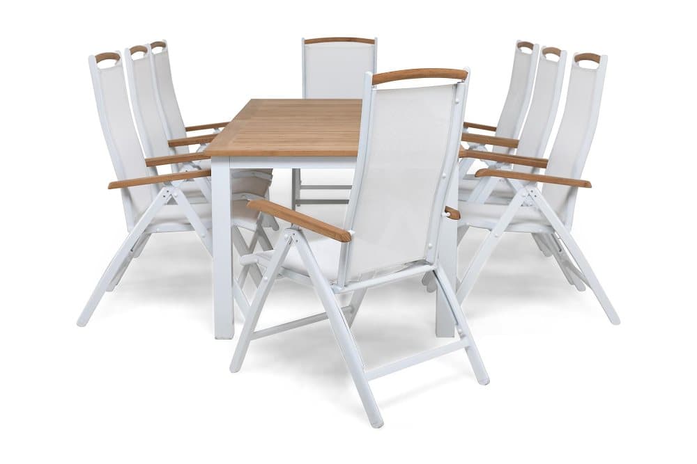 LAS VEGAS Bord 220-280 + 8 Positionsstolar Vit/Teak
