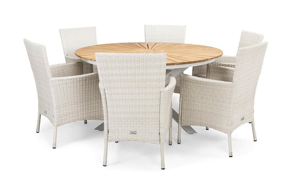 OLIVER Bord 140 Runt Vit/Teak + 6 THOR Fåtölj Vit