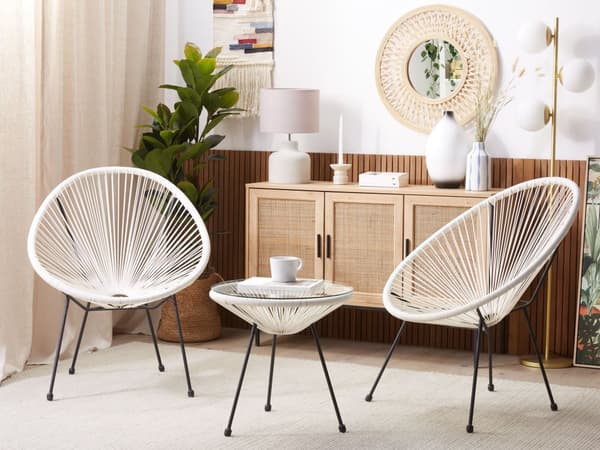 Havestol Hvid Rattan og Sort Pulverlakeret Stålben 70 x 90 cm Udendørs Altan Stabelbar Lounge med Dupper Retro Rund Flet Moderne Design