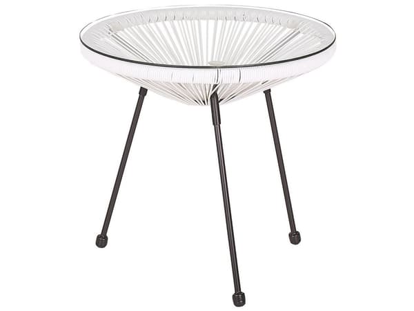 Havestol Hvid Rattan og Sort Pulverlakeret Stålben 70 x 90 cm Udendørs Altan Stabelbar Lounge med Dupper Retro Rund Flet Moderne Design