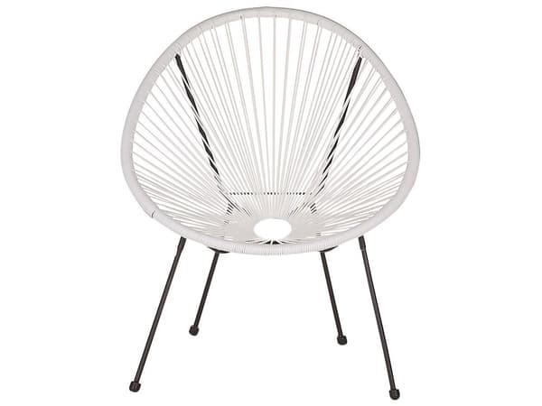 Havestol Hvid Rattan og Sort Pulverlakeret Stålben 70 x 90 cm Udendørs Altan Stabelbar Lounge med Dupper Retro Rund Flet Moderne Design