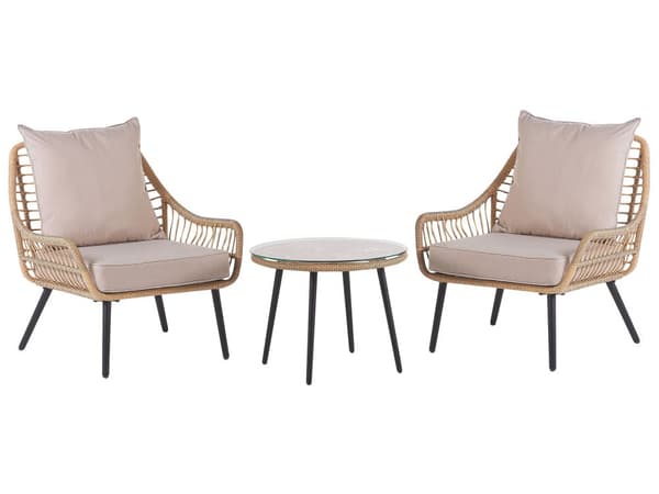 Balkon Bistro Sæt Faux Rattan Sofabord med Sugekopper og 2 Stole med Beige Aftagelig Betræk Hynder Udendørs