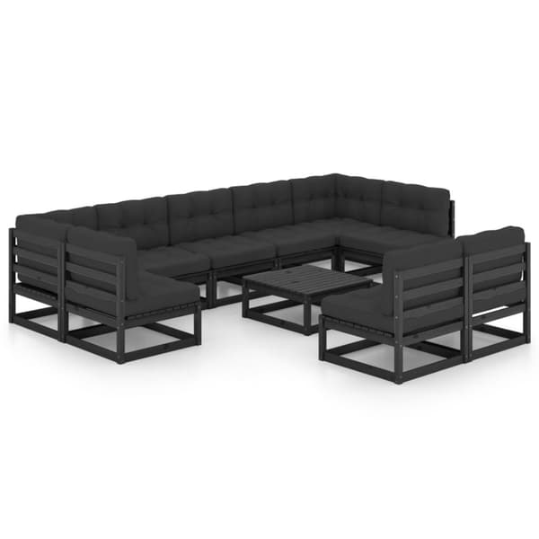 vidaXL Hagesofagruppe med puter 10 deler svart heltre furu