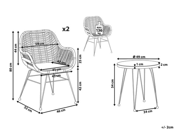 3 dele bistro sæt brun imiteret rattan sort metalben glas bordplade