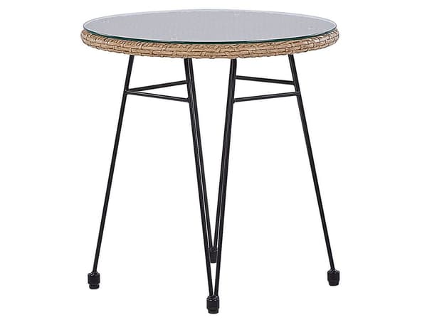 3 dele bistro sæt brun imiteret rattan sort metalben glas bordplade