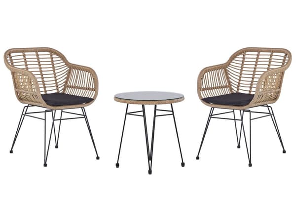 3 dele bistro sæt brun imiteret rattan sort metalben glas bordplade