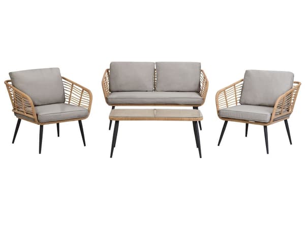 Havemøbelsæt Lys Beige Rattan og Stål Stel 4 Personers Lounge Hynder med Hærdet Glas Sofabord til Udendørs Terrasse Have Indretning