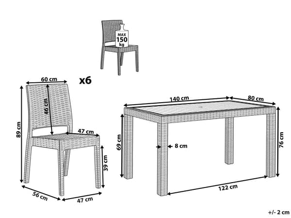 Havemøbelsæt Hvid Plastik 140 x 80 cm 6 Personers Firkantet Spisebord med Hul til Parasol Tilbehør Stabel Stole Flet Vejr Bestandig Terrasse