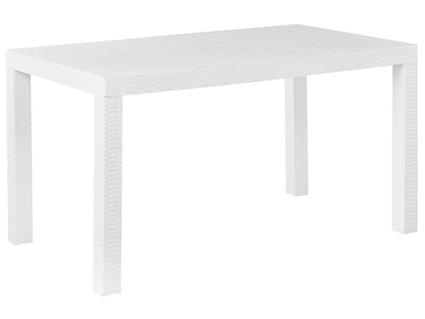 Havemøbelsæt Hvid Plastik 140 x 80 cm 6 Personers Firkantet Spisebord med Hul til Parasol Tilbehør Stabel Stole Flet Vejr Bestandig Terrasse