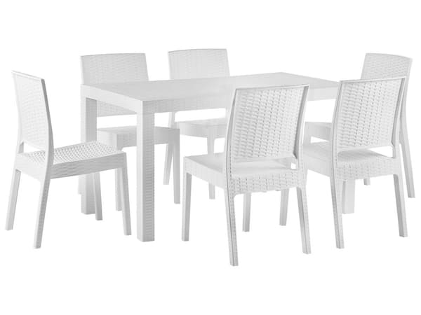 Havemøbelsæt Hvid Plastik 140 x 80 cm 6 Personers Firkantet Spisebord med Hul til Parasol Tilbehør Stabel Stole Flet Vejr Bestandig Terrasse