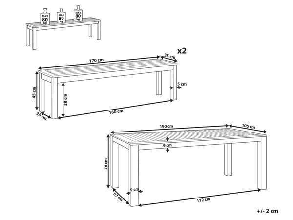 Havemøbelsæt Lyst Eukalyptus Træ Olieret 190 x 105 cm 6 Personers Dekorativ Udendørs Havebord og Havebænke Rustikt Design til Terrasse og Have
