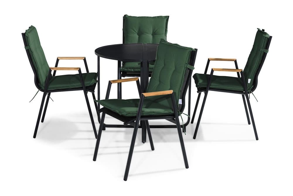 FLIPPY Bord 90 Runt Svart + 4 LAS VEGAS Stol Teak Dyna Grön