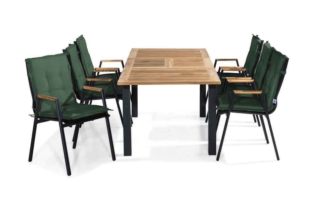 LAS VEGAS Bord 152-210x90 Svart + 6 Stolar Teak m Dyna Grön