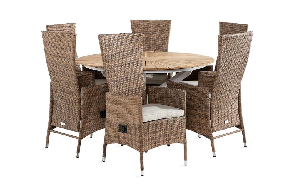 OLIVER Bord 140 Runt Vit + 6 JENNY Fåtölj Teak m Dyna Sand