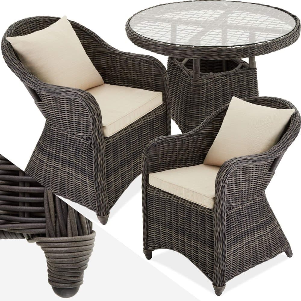 Lyxig möbelgrupp i konstrotting med 2 fåtöljer och bord - grå