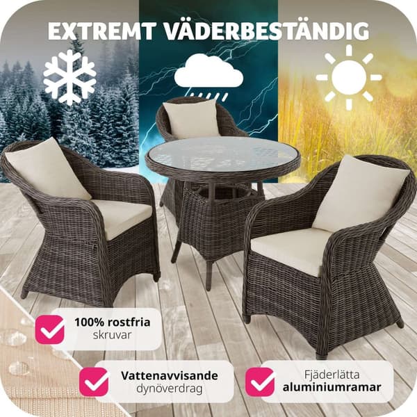 Lyxig möbelgrupp i konstrotting med 3 fåtöljer och bord - grå