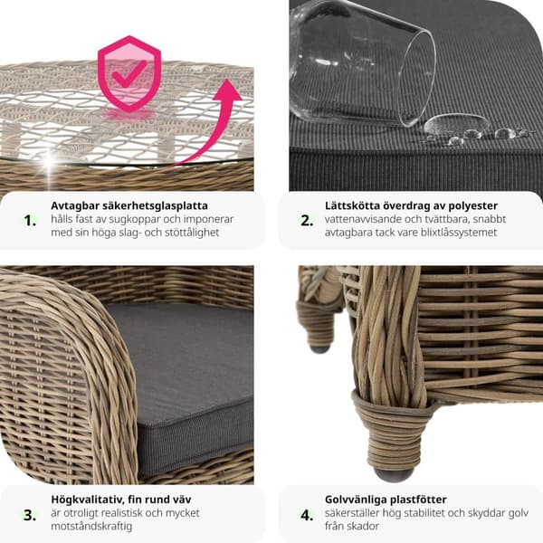 Lyxig möbelgrupp i konstrotting med 3 fåtöljer och bord - natur