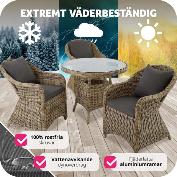 Lyxig möbelgrupp i konstrotting med 3 fåtöljer och bord - natur