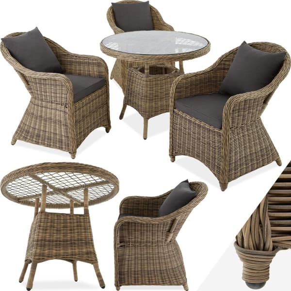 Polyrattan havemøbelsæt med 3 kurvestole + bord - natur