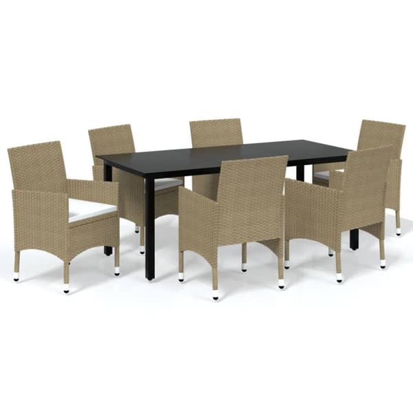 vidaXL Matgrupp för trädgården med dynor 7 delar konstrotting beige