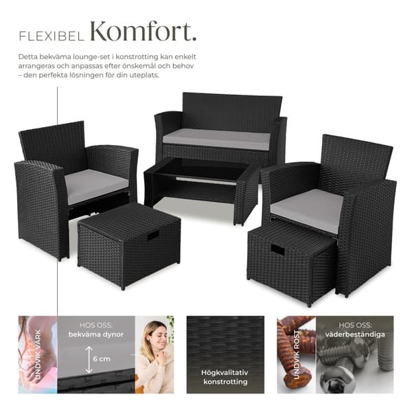 Loungegrupp i konstrotting Modena inkl. skyddsöverdrag - svart/grå