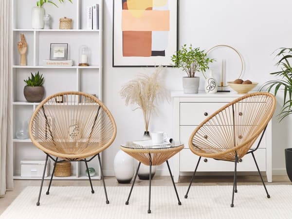 Havestole Naturlige Beige Rattan med Sort Pulverlakerede Stålben sæt 70 x 90 cm Udendørs Sidebord Retro Rundt Flet Hærdetglas Moderne Design