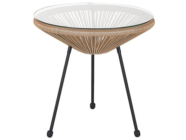 Havestole Naturlige Beige Rattan med Sort Pulverlakerede Stålben sæt 70 x 90 cm Udendørs Sidebord Retro Rundt Flet Hærdetglas Moderne Design