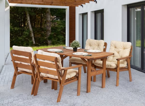 Woodfurniture matgrupp för trädgården, bord + 4 stolar med kuddar