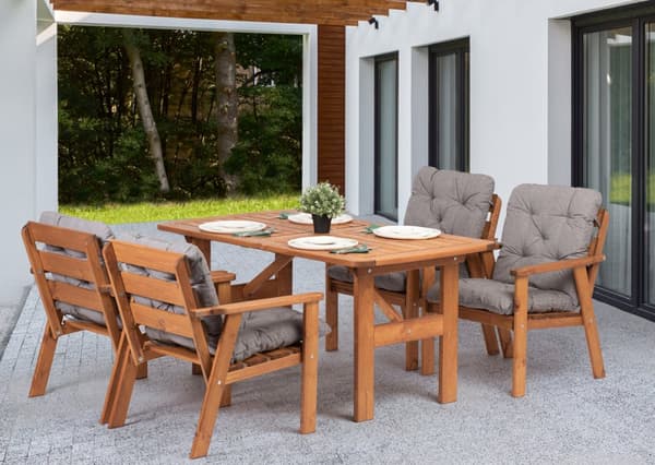 Woodfurniture matgrupp för trädgården, bord + 4 stolar med kuddar