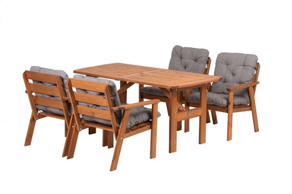 Woodfurniture matgrupp för trädgården, bord + 4 stolar med kuddar