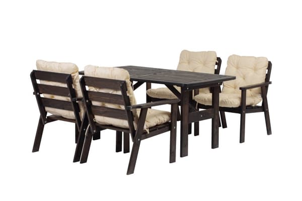 Woodfurniture matgrupp för trädgården, bord + 4 stolar med kuddar Gra + Beige