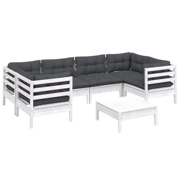 vidaXL Hagesofagruppe med puter 7 deler furu hvit