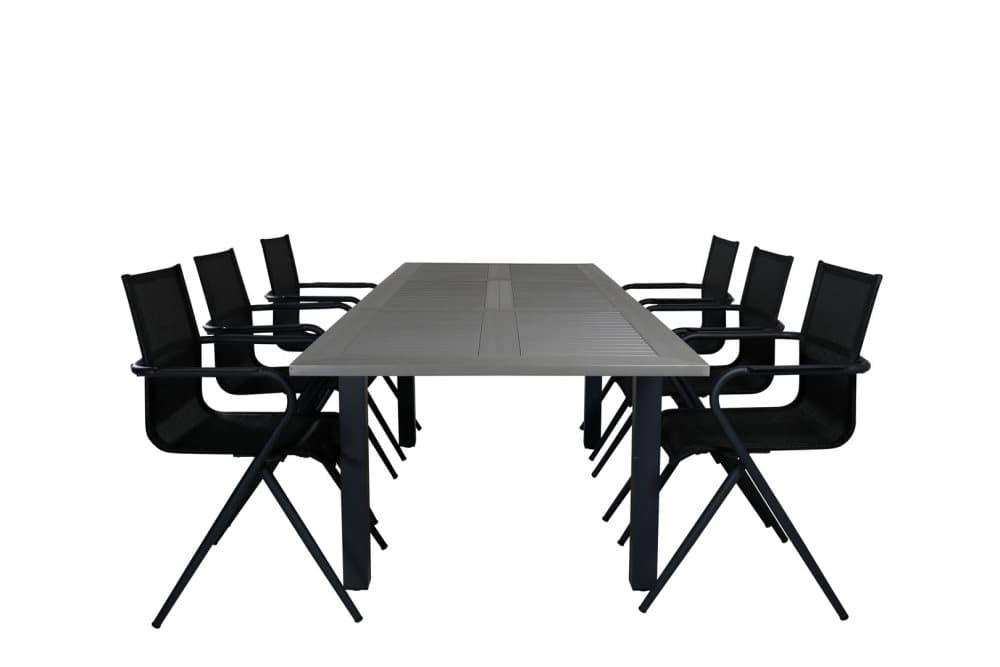 Albany Trädgårdset bord 90x152/210cm och 6 stole Alina svart, grå.