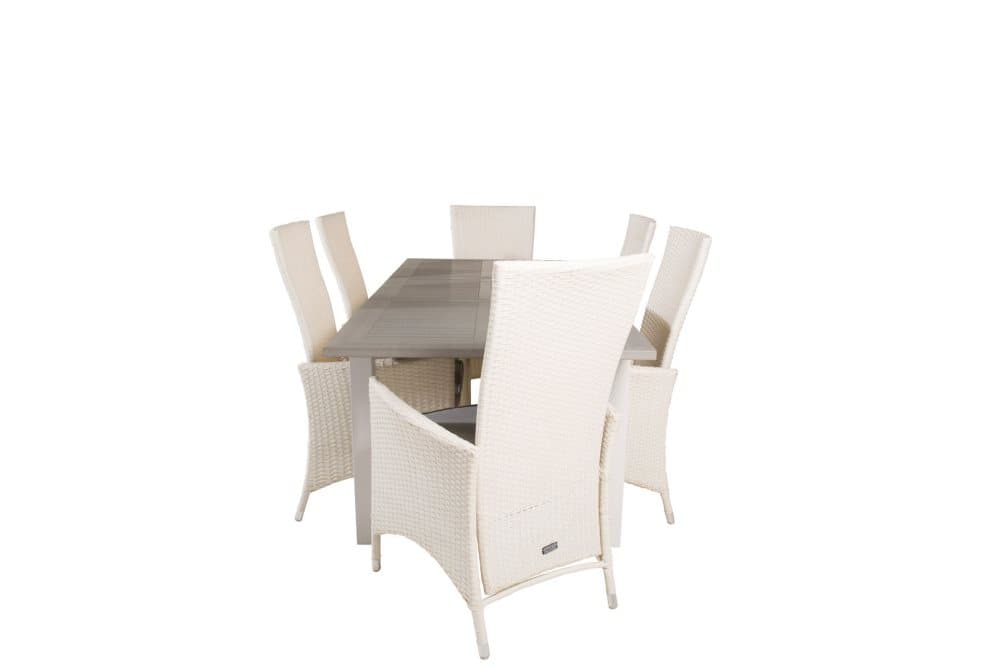 Albany Trädgårdset bord 90x152/210cm och 6 stole Padova vit, grå, gråvit.