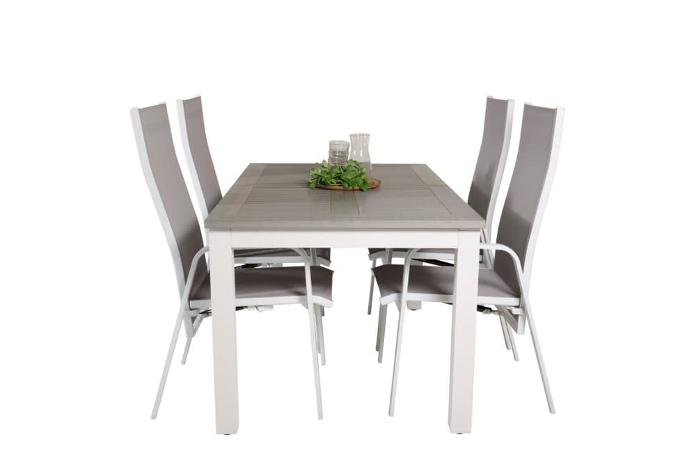 Albany Trädgårdset bord 90x160/240cm och 4 stole Copacabana vit, grå.