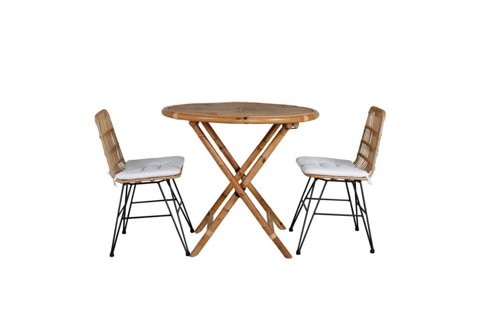 Cane Trädgårdset bord Ø80cm och 2 stole Viga svart, natur, vit.