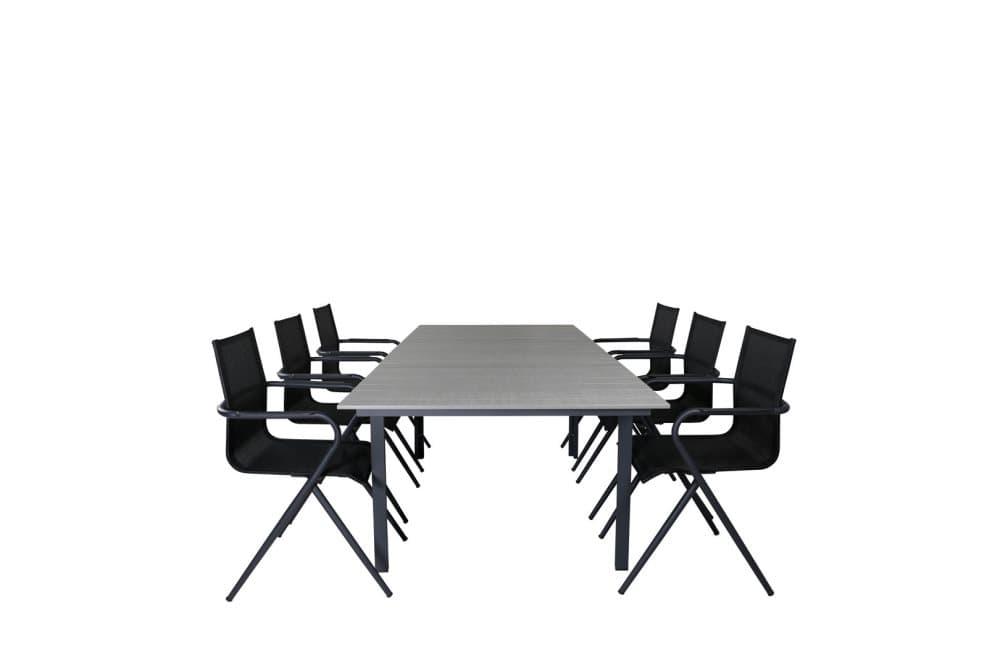 Levels Trädgårdset bord 100x160/240cm och 6 stole Alina svart, grå.