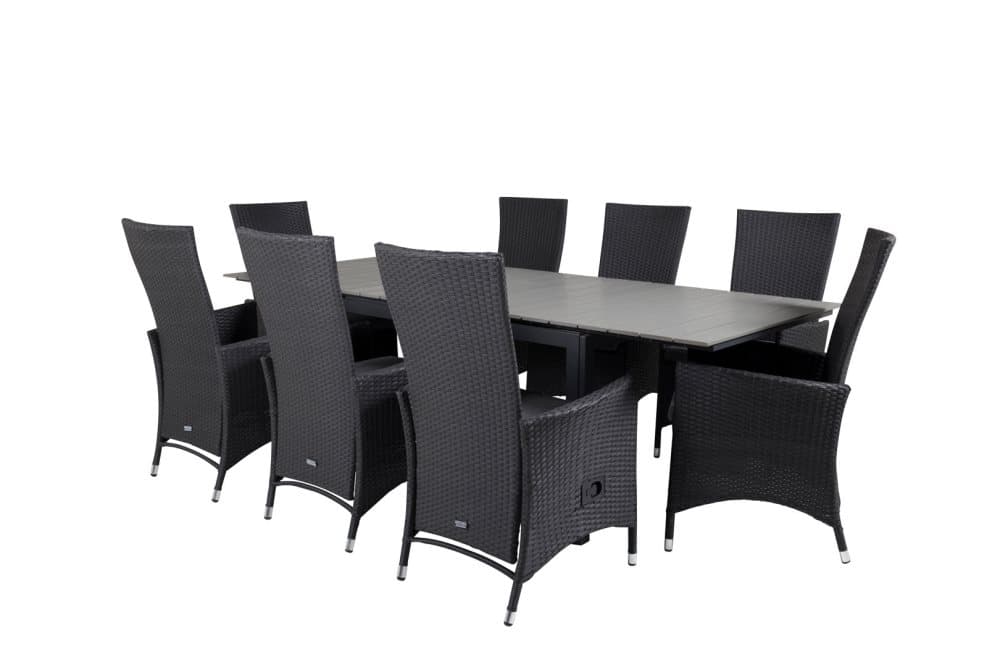 Levels Trädgårdset bord 100x160/240cm och 8 stole recG Padova svart, grå.