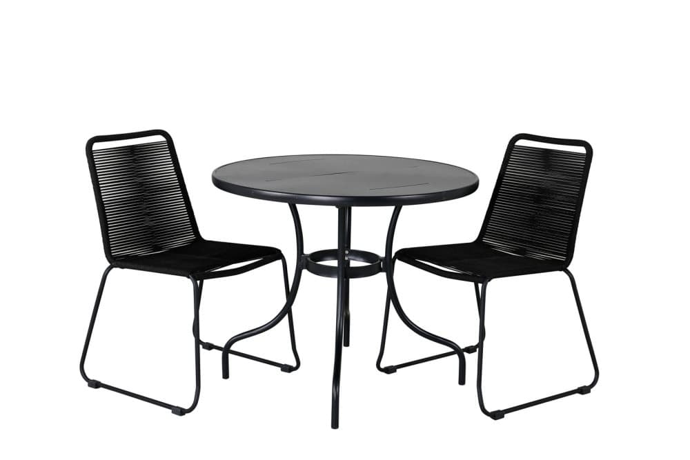 Nicke Trädgårdset bord Ø90cm och 2 stole stapelS Lindos svart.