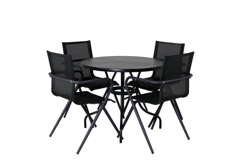 Nicke Trädgårdset bord Ø90cm och 4 stole Alina svart.