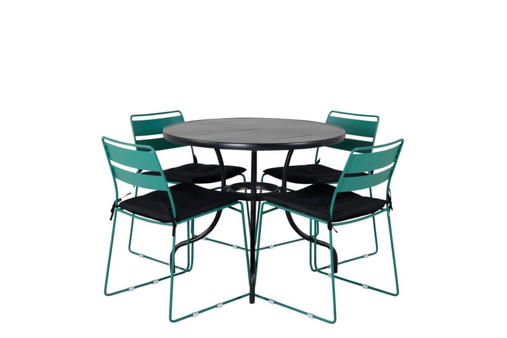 Nicke Trädgårdset bord Ø90cm och 4 stole Lina grön, svart.