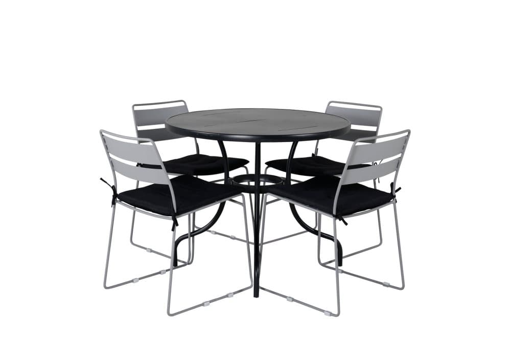 Nicke Trädgårdset bord Ø90cm och 4 stole Lina grå, svart.