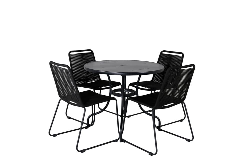 Nicke Trädgårdset bord Ø90cm och 4 stole stapelS Lindos svart.