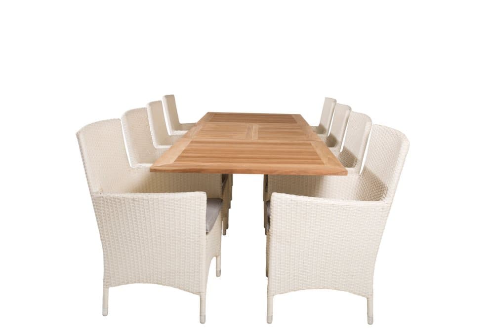 Panama Trädgårdset bord 90x160/240cm och 8 stole Malin vit, natur.