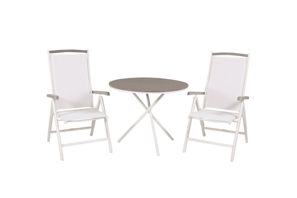 Parma Trädgårdset bord Ø90cm och 2 stole 5posalu Albany vit, grå, gråvit.