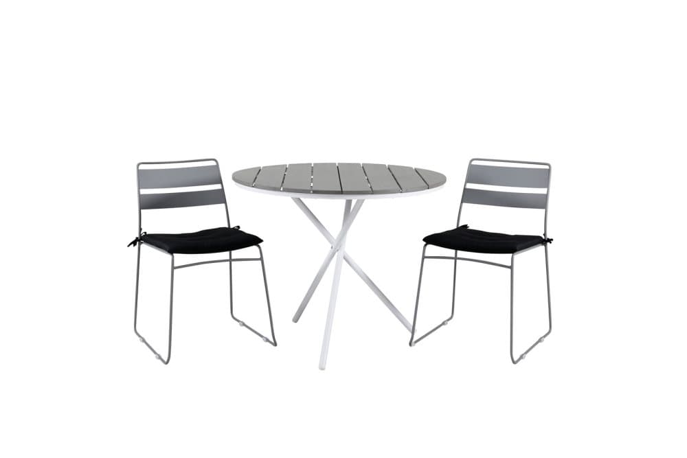 Parma Trädgårdset bord Ø90cm och 2 stole Lina grå, gråvit.