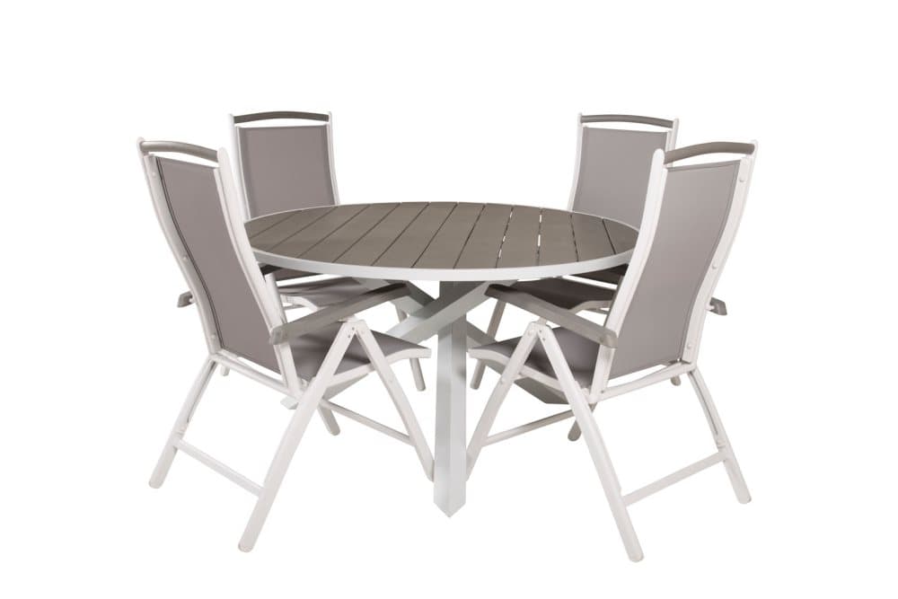 Parma Trädgårdset bord Ø140cm och 4 stole 5pos Albany vit, grå.