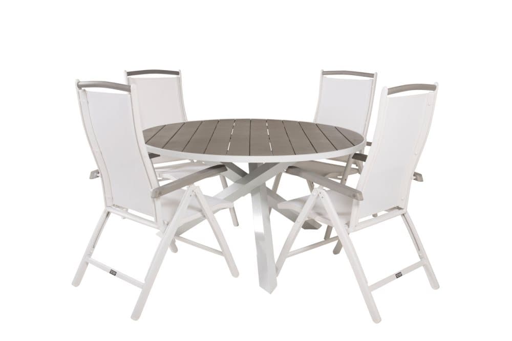 Parma Trädgårdset bord Ø140cm och 4 stole 5posalu Albany vit, grå.